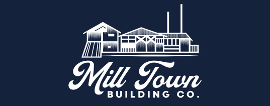 mill town builder logo - white on blue